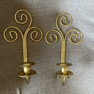 Vintage Brass Candle Wall Sconces 11' Tall, Set of 2 Scroll Swirl Spiral